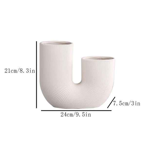 Contemporary U-Shaped Ribbed Ceramic Vases - White & Pink